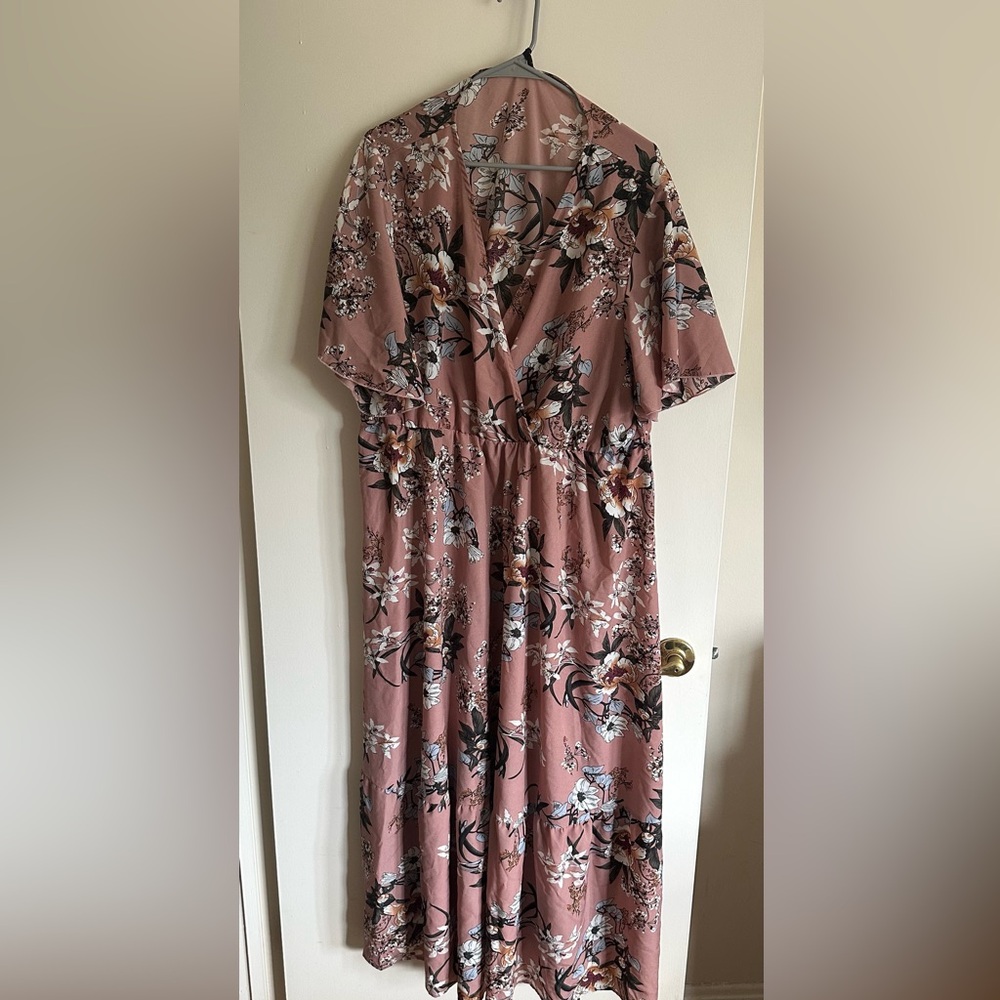 Floor length floral dress, warm twice.